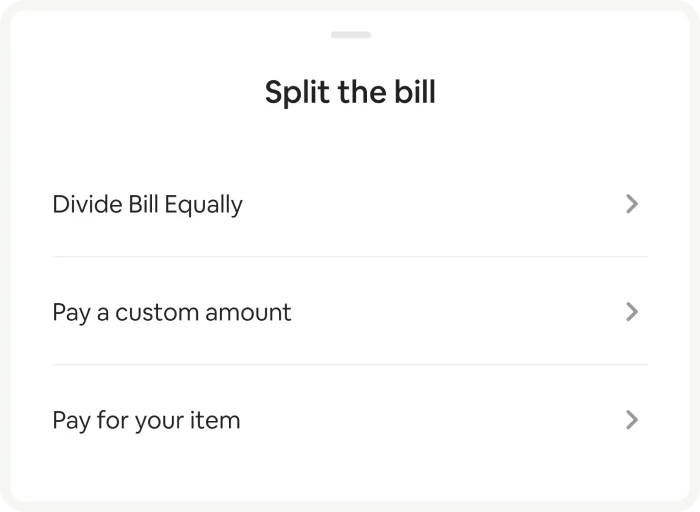 Sub-section of the split payment menu on Zappie checkout